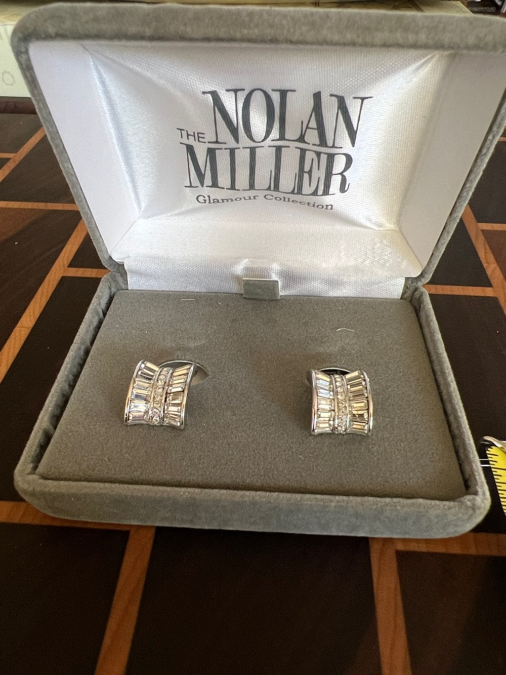 Vintage Nolan Miller Silver-Tone Clip Earrings with Clear Baguette Crystals
